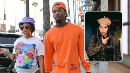 The collage features rapper Offset and Cardi B, an estranged couple, showcasing their distinct styles. Offset is seen wearing a vibrant orange outfit, including a matching cap and a long-sleeve shirt with "DÉPT. de la GALERIE" printed on it. Cardi B appears in two different looks: one in a colorful, abstract-patterned shirt paired with a purple bucket hat and oversized sunglasses, and another in a chic brown beret and a textured jacket, striking a pose with long, dark hair. The background includes urban street scenes with palm trees and a car, alongside an indoor setting with a modern vibe.