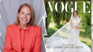 Katie Couric appears in a vibrant coral blazer and blouse against a neutral backdrop, while Lauren Sánchez Bezos poses in a white lace wedding gown with a flowing veil, surrounded by lush greenery on the cover of Vogue, which headlines “Here Comes the Bride! Lauren Sánchez Bezos.”