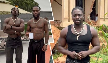 Activist VeryDarkMan and singer Burna Boy share a relaxed moment outdoors, with Burna Boy shirtless and holding a mug, while VeryDarkMan sports a black tank top and distinctive accessories. The backdrop includes patio furniture and a weathered building.