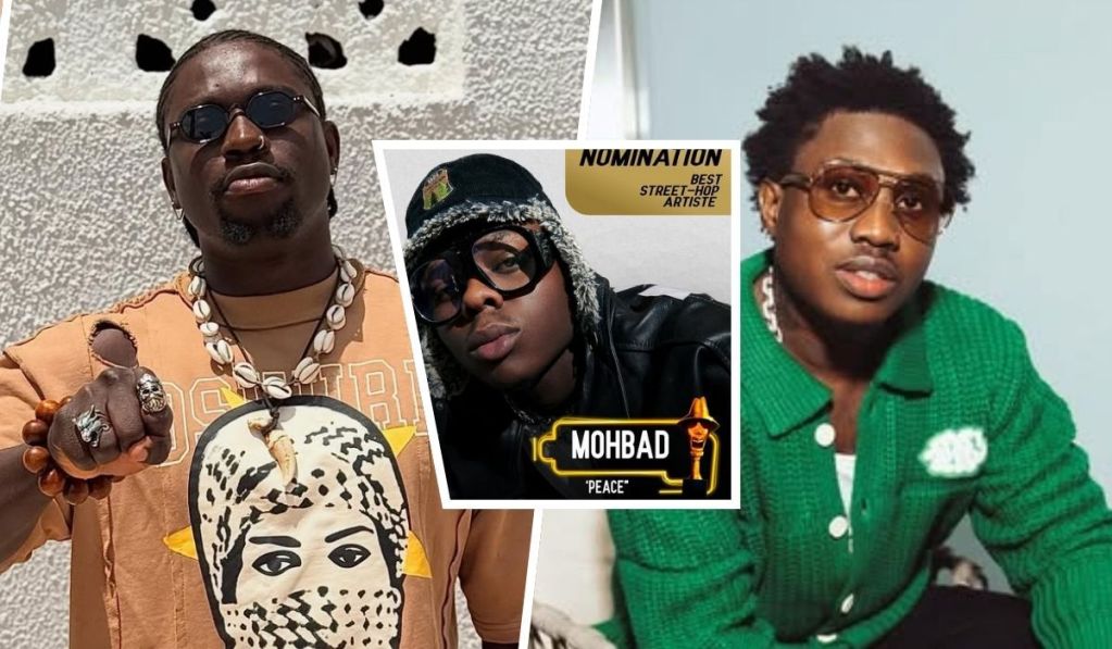 Activist VeryDarkMan wears a brown shirt with a shell necklace and rings, late singer Mohbad is shown with a Best Street-Hop Artiste nomination for “Peace,” and rapper Zlatan appears in a green cardigan with white buttons and an emblem.