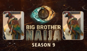 The logo for Big Brother Naija Season 9 features a vibrant parrot on either side, with a striking central eye design. The text "BIG BROTHER NAIJA" is prominently displayed in bold, metallic letters, with "SEASON 9" written below in a contrasting font.