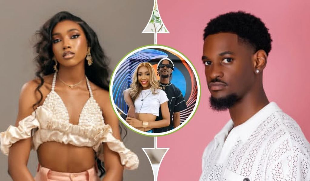 BBNaija stars Anita and Topher showcase their fashion flair—Anita stuns in a cream ruffled crop top and matching pants, while Topher sports a white patterned shirt. A central circular frame captures them together, exuding charm against a vibrant backdrop.