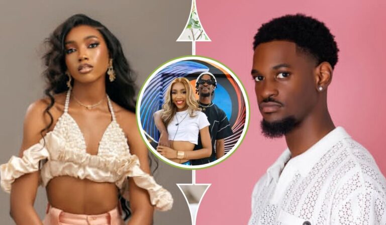 BBNaija stars Anita and Topher showcase their fashion flair—Anita stuns in a cream ruffled crop top and matching pants, while Topher sports a white patterned shirt. A central circular frame captures them together, exuding charm against a vibrant backdrop.