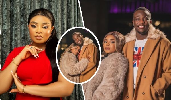 A collage featuring BBNaija star Queen Mercy and her husband David showcases a stylish moment. Queen Mercy is seen in a striking red dress, posing confidently with a hand gesture. The couple is also depicted in cozy fur coats, sharing an intimate embrace, and standing together in fashionable outfits, with David sporting a coat featuring a Union Jack design.