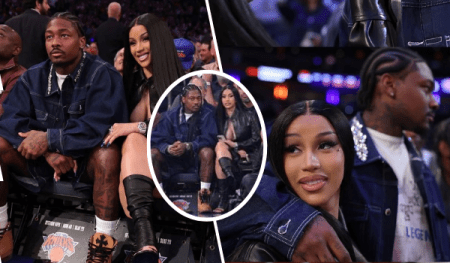 A collage featuring Cardi B and Stefon Diggs courtside at a basketball game. In the main section, Cardi B, dressed in a revealing black top and thigh-high boots, smiles brightly while sitting next to Stefon Diggs, who wears a denim jacket and shorts, looking focused. A smaller inset shows the couple from a different angle, with Cardi B in a black outfit and Stefon Diggs in the same denim jacket, both appearing engaged in the game. Another close-up highlights Cardi B's face, showcasing her makeup and expression, alongside Stefon Diggs in a white shirt with "LEGEND" visible on his jacket. The background includes a crowd and part of the basketball court.