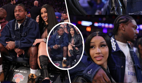 A collage featuring Cardi B and Stefon Diggs courtside at a basketball game. In the main section, Cardi B, dressed in a revealing black top and thigh-high boots, smiles brightly while sitting next to Stefon Diggs, who wears a denim jacket and shorts, looking focused. A smaller inset shows the couple from a different angle, with Cardi B in a black outfit and Stefon Diggs in the same denim jacket, both appearing engaged in the game. Another close-up highlights Cardi B's face, showcasing her makeup and expression, alongside Stefon Diggs in a white shirt with "LEGEND" visible on his jacket. The background includes a crowd and part of the basketball court.
