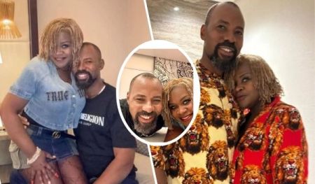 A collage features actor Linc Edochie posing affectionately with his new wife in various settings. In one scene, she wears a blue "True Religion" crop top and denim shorts while he sports a black shirt, with her sitting on his lap. Another scene shows them in matching vibrant outfits adorned with lion patterns, standing close together. A circular inset highlights a close-up of the couple smiling warmly. The backgrounds include a cozy indoor setting with a lamp and a modern room with decorative wall art.