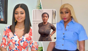 The collage features three prominent actresses: Regina Daniels on the left, wearing a vibrant floral dress with red and pink roses against a white background, accessorized with a delicate necklace and earrings. Mercy Johnson is in the center inset, dressed in a fitted brown outfit, standing confidently with her hands on her hips in a softly lit room. Angela Okorie is on the right, sporting a stylish blue button-up shirt and long blonde hair, posing with a poised expression.