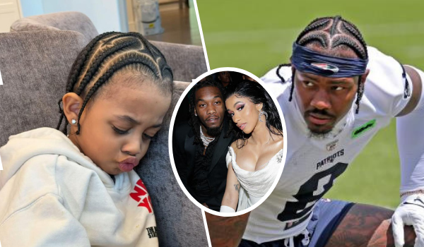 A collage featuring three distinct moments: on the left, Cardi B and Offset's son Wave, a young child with neatly braided hair, resting comfortably in a cozy hoodie on a gray couch; in the middle, Cardi B and Offset together, dressed in elegant attire, with Cardi in a white gown and Offset in a black suit, sharing a close moment; on the right, Cardi B's new boyfriend Stefon Diggs, a football player in a Patriots uniform with braided hair and a headband, captured in action on the field.