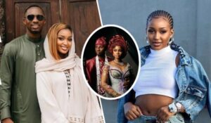 A collage featuring Tanzanian singer Juma Jux in three distinct moments. On the left, Juma Jux stands with his ex-girlfriend Karen Bujulu in front of an ornate wooden door, dressed in a sleek olive-green traditional outfit while Karen wears a white ensemble with a matching headscarf, her hand resting on his shoulder. In the center, Juma Jux and his wife Priscilla Ojo shine in vibrant traditional attire, with Juma in a deep red outfit and Priscilla in a sparkling, intricately designed dress paired with a matching headwrap, both adorned with elegant jewelry. On the right, Karen Bujulu appears solo, sporting a casual yet chic look with a white crop top, denim jacket, and jeans, her hair styled in neat braids as she accessorizes with a watch and hoop earrings. The trio of scenes captures a blend of cultural elegance and modern style.