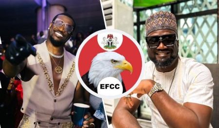 A vibrant collage features Mr. P on the left, dressed in an elaborate beige outfit with gold embroidery and a deep V-neck, accessorized with a chain necklace and sunglasses, posing confidently at a lively event with a cup in hand. In the center, the EFCC logo is prominently displayed, featuring a red circle with a white eagle and the organization's emblem. On the right, Mr. P's brother Jude is shown wearing a traditional white outfit and a patterned cap, complemented by sunglasses and a wristwatch, sitting relaxed in a well-lit setting.