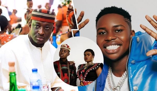 A collage featuring Nigerian skitmaker Carter Efe on the left, dressed in a white traditional outfit with a striped cap, seated at a table with drinks and a lively crowd in the background. In the center, TikToker Peller and his girlfriend Jarvis are shown in colorful traditional attire, standing close together. On the right, Peller appears again, wearing a blue jacket and a chunky silver chain, smiling brightly with hands raised in a playful gesture.