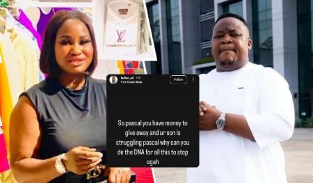 The collage features Cubana Chief Priest on the right, dressed in a white outfit with his arms crossed, standing outdoors near a modern building. To his left is Hellen Ari, his alleged baby mama, wearing a sleeveless dark top and holding a handbag, surrounded by colorful clothing items, including a prominent Louis Vuitton shirt. Overlaid on the scene is a screenshot of Hellen Ari's Instagram story, posted from Create Mode, with the text: "So pascal u have money to give away and ur son is struggling pascal why can u do the DNA for all this to stop ogah," expressing frustration and a call for a DNA test.