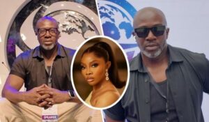 The collage features Toke Makinwa's ex-husband, Maje Ayida, prominently displayed on the left and right sides. On the left, he is seated with his hands clasped, wearing a dark short-sleeved shirt and a speaker badge, set against a backdrop with a large circular design and a world map. On the right, he stands confidently, dressed in a dark shirt and sunglasses, with a similar circular backdrop. In the center inset, Toke Makinwa is showcased, adorned in an elegant outfit with dangling earrings and her hair styled in a high ponytail, exuding grace and poise.