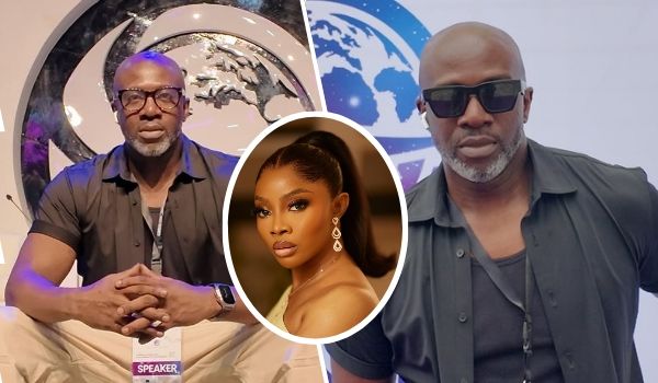 The collage features Toke Makinwa's ex-husband, Maje Ayida, prominently displayed on the left and right sides. On the left, he is seated with his hands clasped, wearing a dark short-sleeved shirt and a speaker badge, set against a backdrop with a large circular design and a world map. On the right, he stands confidently, dressed in a dark shirt and sunglasses, with a similar circular backdrop. In the center inset, Toke Makinwa is showcased, adorned in an elegant outfit with dangling earrings and her hair styled in a high ponytail, exuding grace and poise.