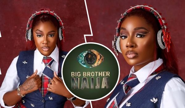 Collage featuring BBNaija star Tolanibaj in a stylish school uniform with a red plaid tie and headband, accessorized with headphones and jewelry, set against a red background, with the Big Brother Naija logo prominently displayed.
