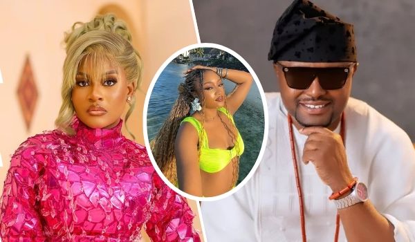 Phyna dazzles in a vibrant pink sequined dress on the left, Sheila Courage stuns in a neon yellow bikini by the beach in the inset middle, and Israel DMW exudes style in a white traditional outfit with a black cap and red beads on the right.