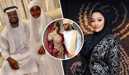 Singer Diamond Platnumz is seen with his newly married wife Zuchu, dressed in elegant white traditional attire, and his ex-girlfriend Zari, adorned in a stylish black and silver outfit, highlighting a striking contrast in their appearances.
