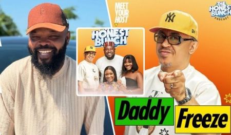 Nedu, wearing a beige textured shirt and orange cap, stands on the left, while Daddy Freeze, in a yellow New York Yankees cap and white shirt, points forward on the right. In the center, the Honest Bunch podcast hosts, including a group in casual attire, are featured against an orange background with vibrant text overlays.