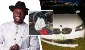BBNaija Angel Awotarigha is pictured smiling in traditional attire, alongside photos of a wrecked white BMW with a deployed airbag and damaged front end after an accident.