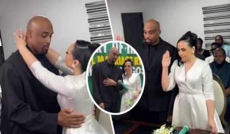 Businessman Dilly and his newly married wife Anastasia are featured in a collage, showing them embracing during a ceremony and standing with raised hands in front of a table with flowers, with a "MINISTRY OF MARRIAGE REGISTRY LAGOS" sign in the background.