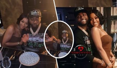Singer Davido and his wife Chioma share intimate moments in a collage, featuring them dining at a stylish table with a marble top and decorative plate, posing affectionately with Davido in a black shirt and cap with a gold chain, and Chioma in a brown dress, set against a warmly lit backdrop with dark cabinetry.