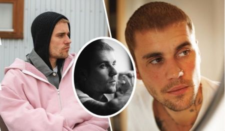 A collage featuring popstar Justin Bieber in various poses, including one in a pink hoodie with a black beanie, another in a black-and-white close-up, and a third showing him with short hair and visible tattoos, looking into a mirror.