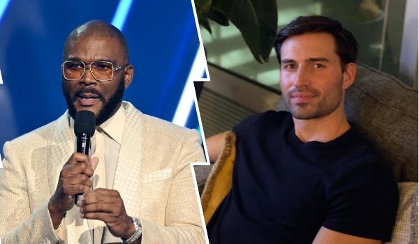 Filmmaker Tyler Perry speaking on stage with a microphone, dressed in a beige suit, alongside actor Derek Dixon lounging on a couch in a black t-shirt, with a potted plant in the background.