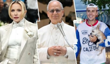 A collage featuring singer Madonna in a white suit with a floral accessory, Pope Leo XIV in traditional papal attire speaking at a microphone, and Justin Bieber in a colorful "Bite Me California" shirt holding a small dog.