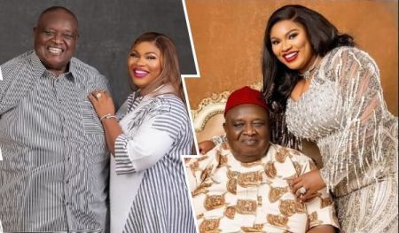 Late Chief (Engr.) Emmanuel Iwuanyanwu is shown in two moments: standing in a striped shirt with Frances Chinonyerem Enwerem in a matching outfit, and seated in an ornate chair wearing a patterned shirt and red cap, while she stands beside him in a sparkling sequined gown.