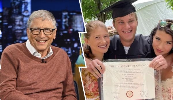 Bill Gates smiles on a talk show set, while his children Jennifer, Rory, and Phoebe celebrate Rory's graduation from the University of Chicago, proudly displaying his Bachelor of Arts diploma.
