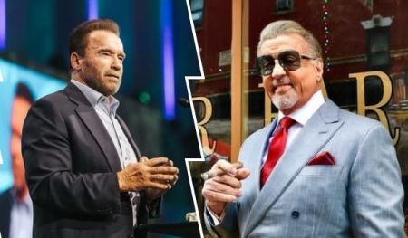 Arnold Schwarzenegger in a dark suit speaking at an event, contrasted with Sylvester Stallone in a light suit and sunglasses standing outside a building with a red tie and pocket square.