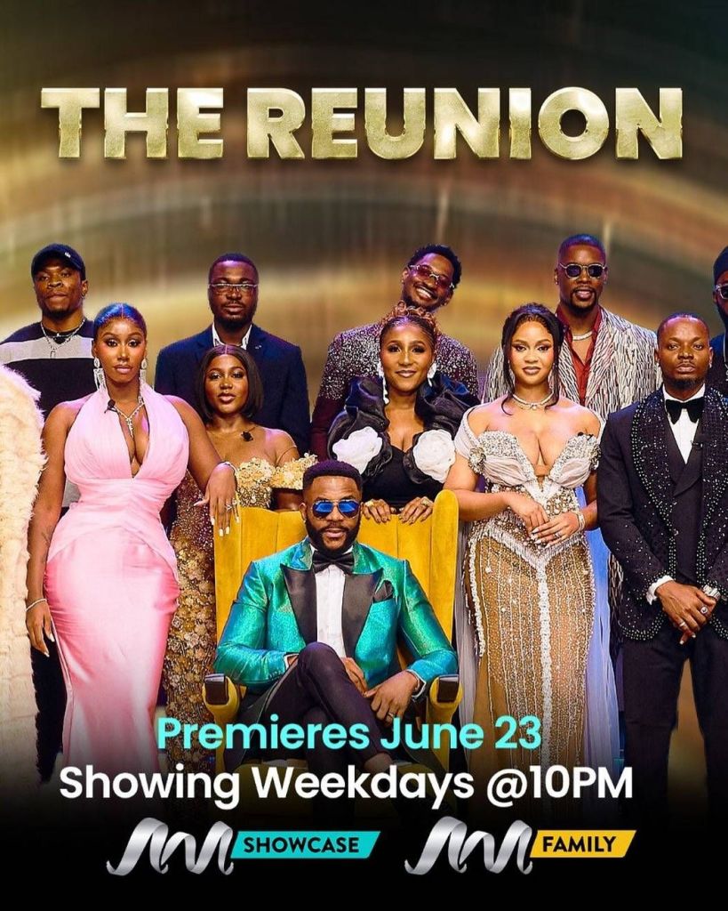 The logo for The Reunion prominently features "THE REUNION" in bold gold letters, with a group of stylishly dressed housemates, including host Ebuka in a vibrant green suit, posing together. The text below indicates the premiere date of June 23, airing weekdays at 10 PM on Showcase and Family channels.