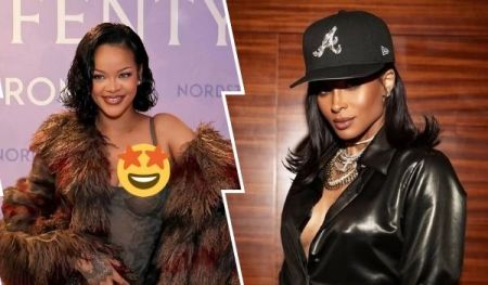 Rihanna stands in a multicolored fur coat with a smiling emoji covering her chest, posed against a Fenty x Nordstrom backdrop, while Ciara wears a black leather shirt and cap with an "A" logo, accessorized with layered necklaces, against a wooden backdrop.