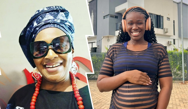 Journalist Kemi Olunloyo on the left wears a blue patterned headwrap, large sunglasses, and red beaded necklaces, while comedienne Real Warri Pikin on the right stands outdoors in a striped sheer top and headphones, cradling her pregnant belly with a smile.