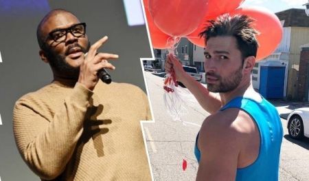 Tyler Perry speaking into a microphone on stage in a beige sweater, alongside Derek Dixon holding red balloons in a blue tank top on a street with a white car and blue porta-potty in the background.