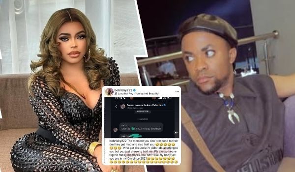 A collage features crossdresser Bobrisky posing in a stylish black outfit, alongside an Instagram post from Bobrisky captioned with a message about ignoring someone, and a photo of Ezeani Valentine wearing a sleeveless shirt and cap, sitting indoors.
