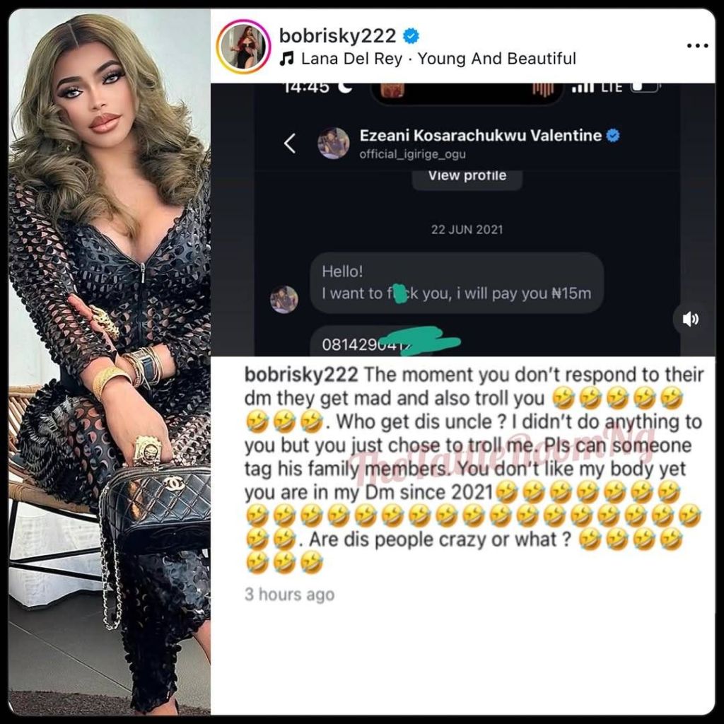 Bobrisky is seen in a black mesh outfit with a Chanel handbag, alongside an Instagram post featuring a message from Ezeani Kosarachukwu Valentine offering ₦15m, followed by Bobrisky's humorous response about being trolled, set to Lana Del Rey's "Young And Beautiful," posted three hours ago.