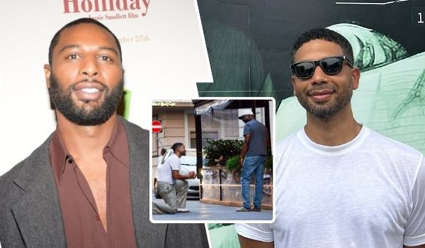 Actors and couple Jabari Redd and Jussie Smollett are featured, with Jabari Redd in a gray suit and maroon shirt on the left, Jussie Smollett in a white t-shirt on the right, and an inset showing Jussie proposing on one knee to Jabari outside a Hard Rock Cafe, with a "no entry" sign and white car in the background.