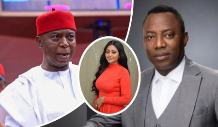 Senator Ned Nwoko stands at the left in a traditional white outfit with a red cap, Regina Daniels appears in the center wearing a vibrant red long-sleeved dress, and Sowore is positioned on the right in a grey suit and white shirt. Each figure is presented individually, highlighting their distinct style and public personas.