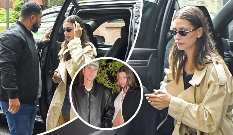 Justin Bieber and Hailey Bieber step out in coordinated style—Hailey in a beige trench coat clutching her phone, and Justin in a sleek black leather jacket, as they casually move through their day.