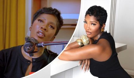 The collage presents Tiwa Savage in two distinct settings: speaking into a microphone in a black top and hoop earrings, and elegantly posed on a white surface in a sleeveless black dress with bold gold bracelets, capturing her dynamic presence in both media and fashion.