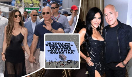 Jeff Bezos and Lauren Sanchez walk hand in hand outdoors, joined by several others, and later appear in formal attire—she in a shimmering black dress, he in all black—against the backdrop of a protest banner reading, “IF YOU CAN RENT VENICE FOR YOUR WEDDING YOU CAN PAY MORE TAX.”