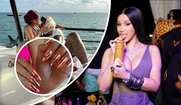 Cardi B lounges on a boat beside her boyfriend, NFL star Stefon Diggs, showcasing her vibrant manicure with “Fifth” and “Legos” written across striped orange-and-white nails, while later holding a bottle of Moët & Chandon in a purple outfit surrounded by friends.