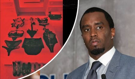 Sean "Diddy" Combs appears in a formal suit and tie, juxtaposed with an assortment of lingerie pieces—bras, panties, and garter belts—arranged neatly on a red surface. The contrast between celebrity style and intimate fashion suggests themes of luxury, branding, and cultural expression.