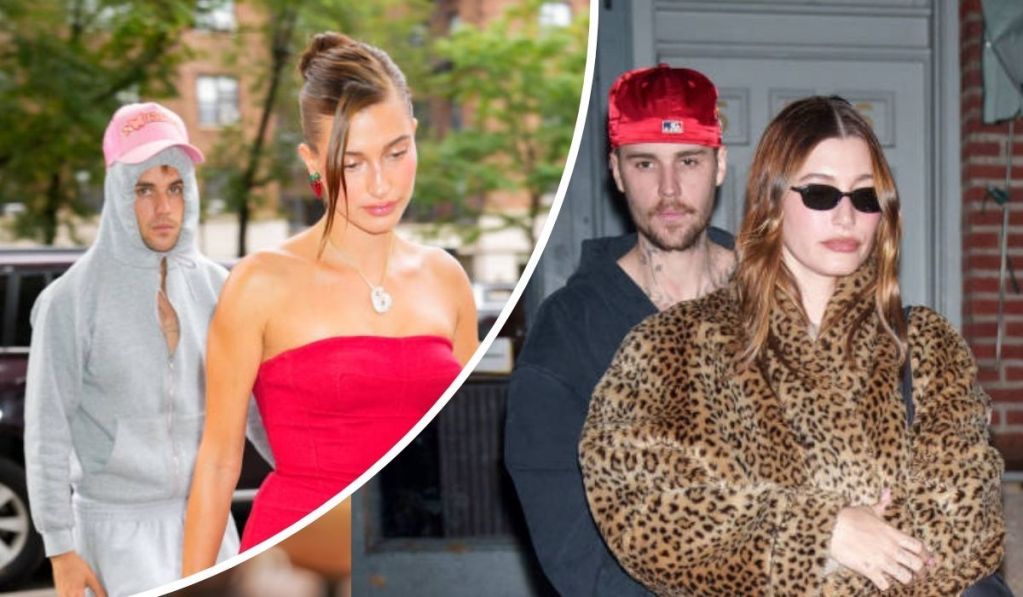 Justin and Hailey Bieber appear in two stylish looks—Hailey stuns in a strapless red dress with a pendant necklace, while Justin opts for a relaxed grey hoodie and pink cap; in another scene, she sports a bold leopard print coat as he wears a black hoodie with a red cap.