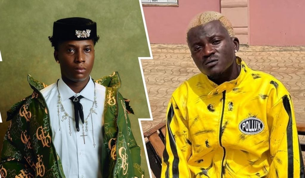 Bella Shmurda wears a patterned green jacket over a white shirt with a black ribbon tie and layered cross necklaces, while Portable sports a bright yellow jacket with black accents and a "POLLUX" patch, showcasing their distinct fashion styles.