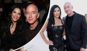 Jeff Bezos and Lauren Sanchez appear in two stylish settings—first in coordinated dark outfits at a formal event, and then outdoors, with Bezos in a sleek black suit and Sanchez in a striking black dress with metallic detailing.