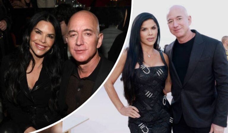 Jeff Bezos and Lauren Sanchez appear in two stylish settings—first in coordinated dark outfits at a formal event, and then outdoors, with Bezos in a sleek black suit and Sanchez in a striking black dress with metallic detailing.