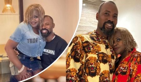 Actor Linc Edochie appears alongside his estranged wife Yinka in two distinct moments—one where they both wear coordinated "True Religion" outfits, and another highlighting Yinka in a vibrant red look while Linc dons a bold lion-print shirt.
